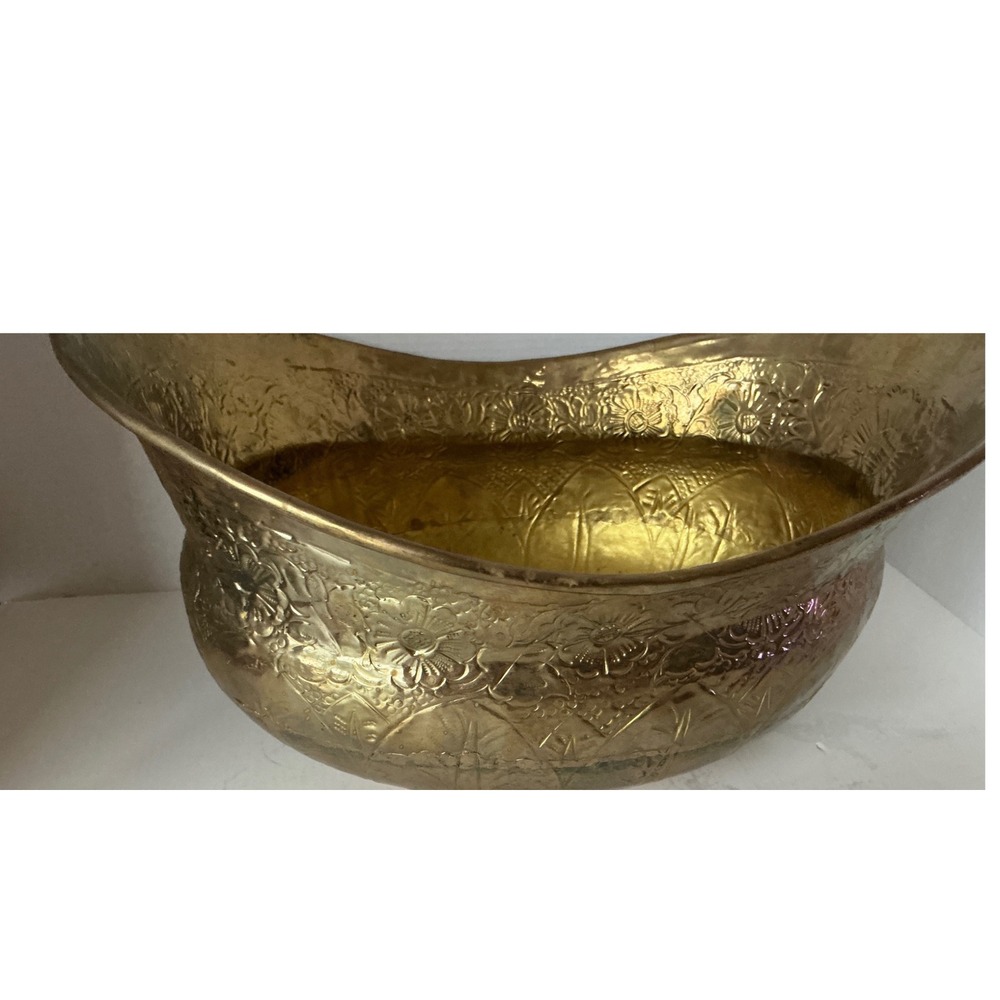 Vintage Brass Oval Planter Embossed Floral Scalloped Rim Decorative Bowl India